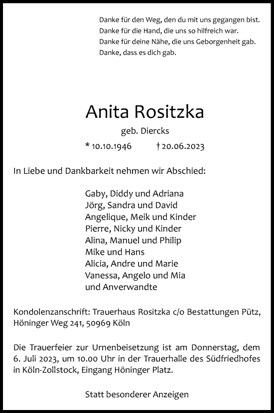 Anzeige von Anita Rositzka von Kölner Stadt-Anzeiger / Kölnische Rundschau / Express
