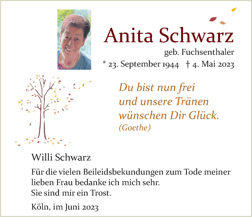  Traueranzeige für Anita Schwarz vom 10.06.2023 aus Kölner Stadt-Anzeiger / Kölnische Rundschau / Express
