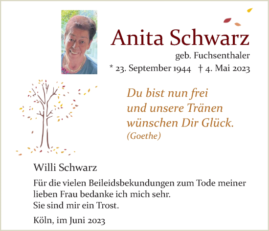 Anzeige von Anita Schwarz von Kölner Stadt-Anzeiger / Kölnische Rundschau / Express