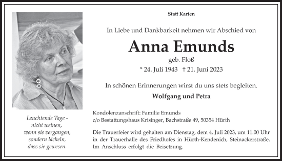 Anzeige von Anna Emunds von  Wochenende 
