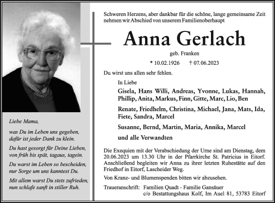 Anzeige von Anna Gerlach von Kölner Stadt-Anzeiger / Kölnische Rundschau / Express