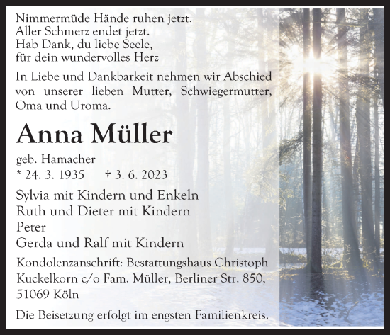 Anzeige von Anna Müller von Kölner Stadt-Anzeiger / Kölnische Rundschau / Express