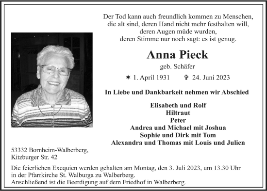 Anzeige von Anna Pieck von  Schlossbote/Werbekurier 