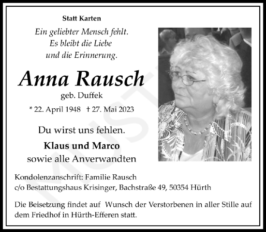 Anzeige von Anna Rausch von  Wochenende 