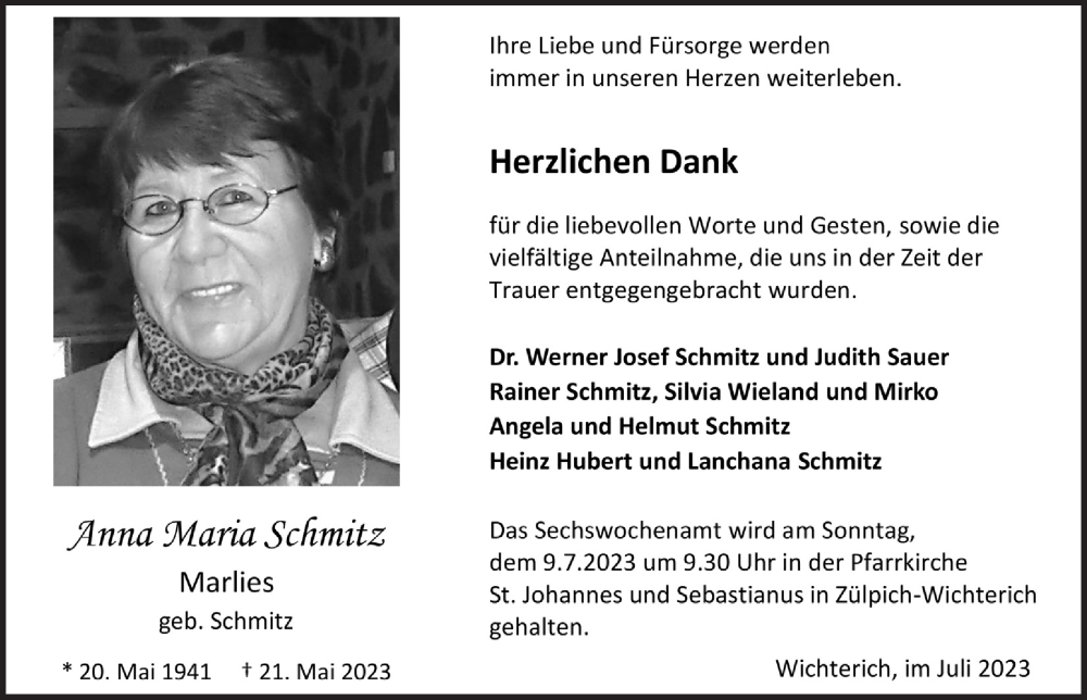  Traueranzeige für Anna Maria Schmitz vom 01.07.2023 aus  Blickpunkt Euskirchen 