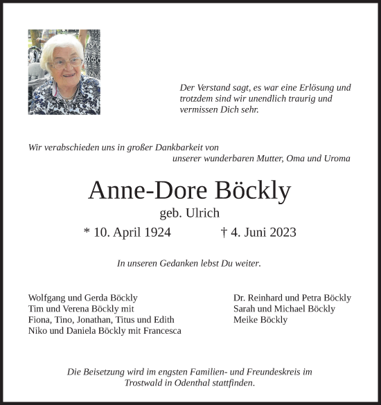 Anzeige von Anne-Dore Böckly von Kölner Stadt-Anzeiger / Kölnische Rundschau / Express