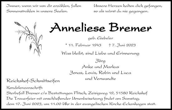 Anzeige von Anneliese Bremer von Kölner Stadt-Anzeiger / Kölnische Rundschau / Express