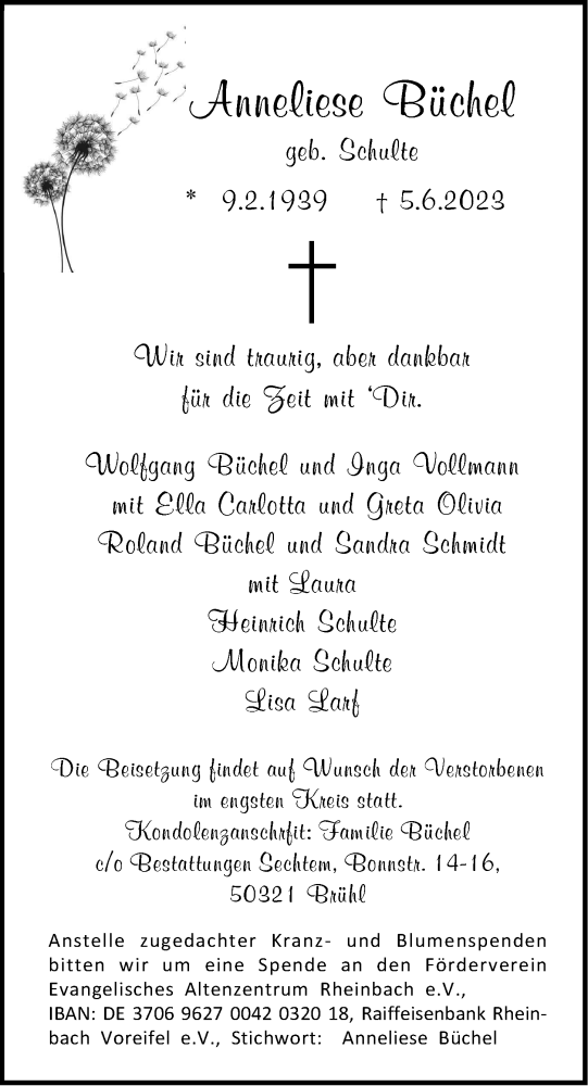 Anzeige von Anneliese Büchel von  Schaufenster/Blickpunkt 