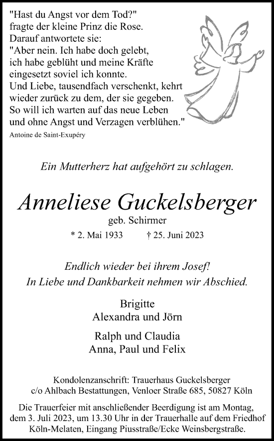 Anzeige von Anneliese Guckelsberger von Kölner Stadt-Anzeiger / Kölnische Rundschau / Express