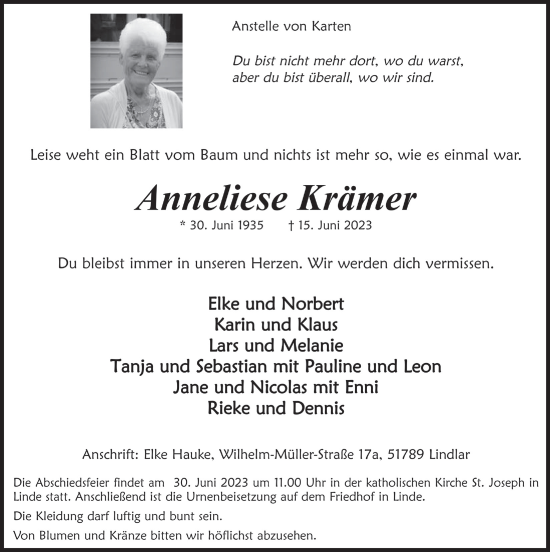 Anzeige von Anneliese Krämer von  Anzeigen Echo 