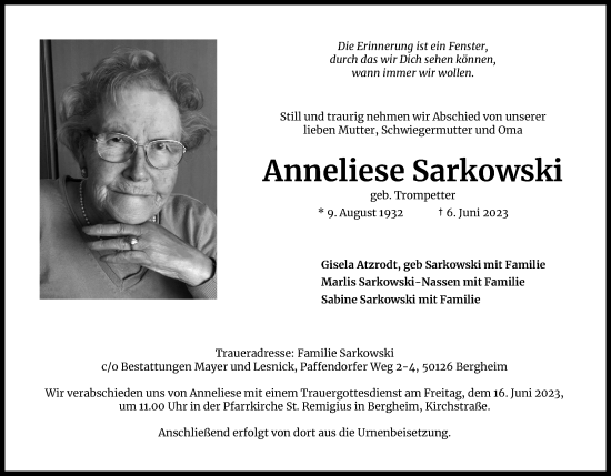 Anzeige von Anneliese Sarkowski von Kölner Stadt-Anzeiger / Kölnische Rundschau / Express