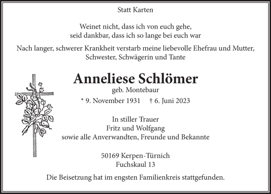 Anzeige von Anneliese Schlömer von  Werbepost 