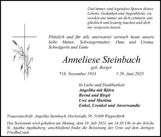 Anzeige von Anneliese Steinbach von Kölner Stadt-Anzeiger / Kölnische Rundschau / Express