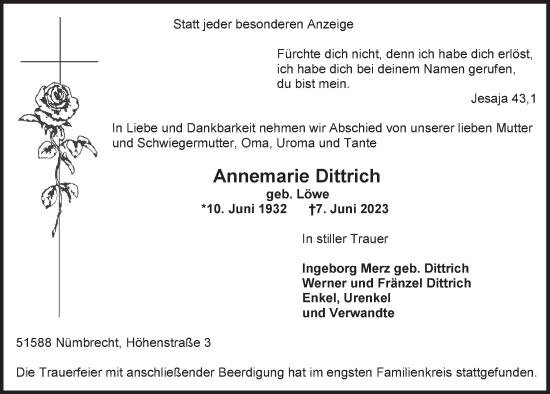 Anzeige von Annemarie Dittrich von  Lokalanzeiger 