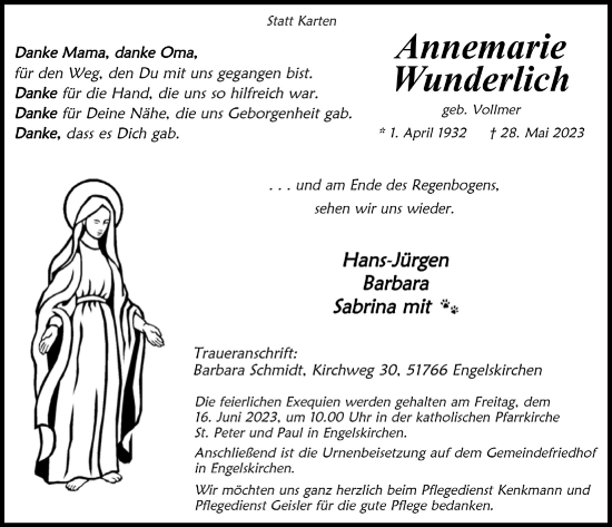 Anzeige von Annemarie Wunderlich von  Anzeigen Echo 