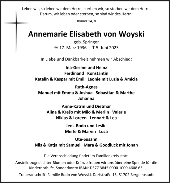 Anzeige von Annemarie Elisabeth von Woyski von  Anzeigen Echo 