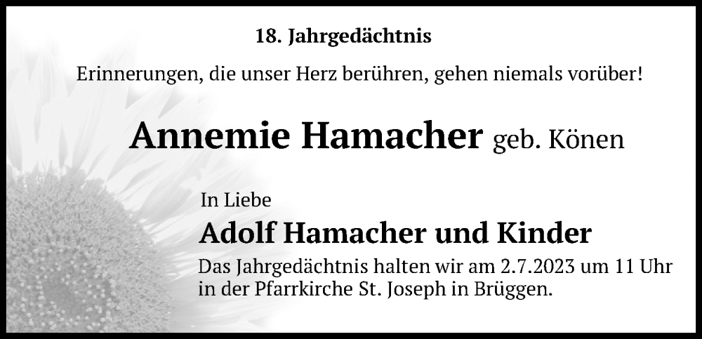  Traueranzeige für Annemie Hamacher vom 18.07.2023 aus Kölner Stadt-Anzeiger / Kölnische Rundschau / Express