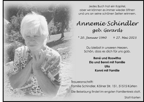 Anzeige von Annemie Schindler von Kölner Stadt-Anzeiger / Kölnische Rundschau / Express
