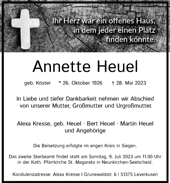Anzeige von Annette Heuel von Kölner Stadt-Anzeiger / Kölnische Rundschau / Express