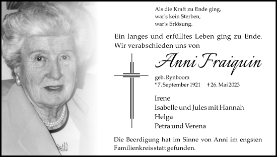 Anzeige von Anni Fraiquin von Kölner Stadt-Anzeiger / Kölnische Rundschau / Express