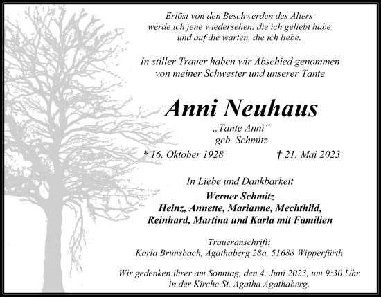 Anzeige von Anni Neuhaus von Kölner Stadt-Anzeiger / Kölnische Rundschau / Express