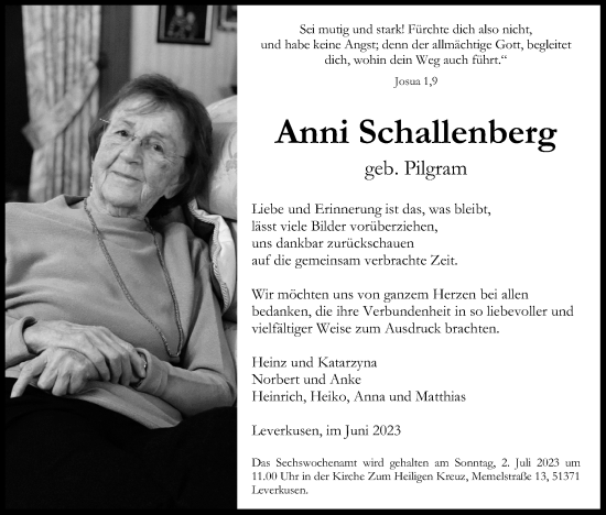 Anzeige von Anni Schallenberg von Kölner Stadt-Anzeiger / Kölnische Rundschau / Express