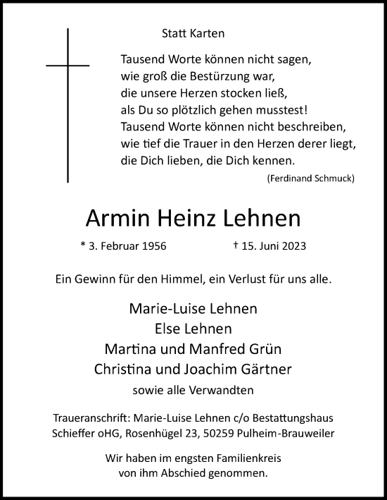 Anzeige von Armin Heinz Lehnen von Kölner Stadt-Anzeiger / Kölnische Rundschau / Express