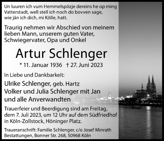 Anzeige von Artur Schlenger von Kölner Stadt-Anzeiger / Kölnische Rundschau / Express