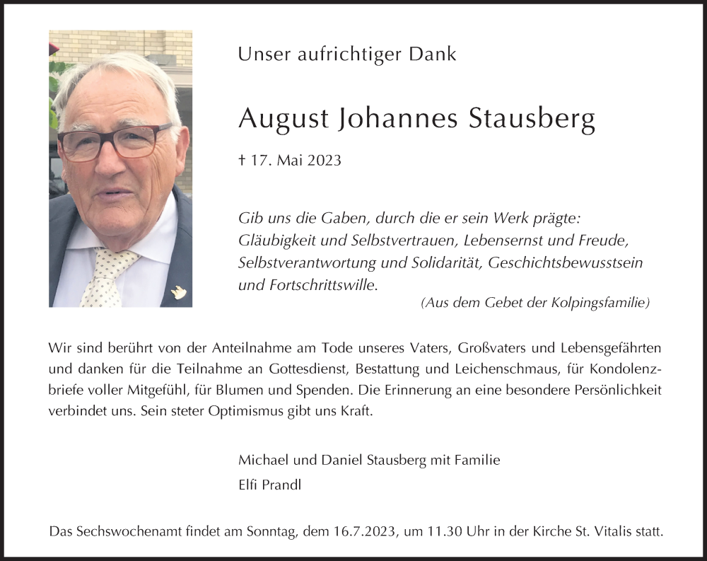  Traueranzeige für August Johannes Stausberg vom 24.06.2023 aus Kölner Stadt-Anzeiger / Kölnische Rundschau / Express