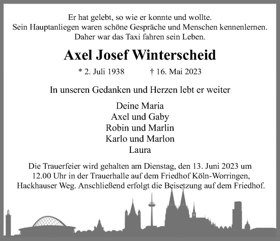 Anzeige von Axel Josef Winterscheid von Kölner Stadt-Anzeiger / Kölnische Rundschau / Express