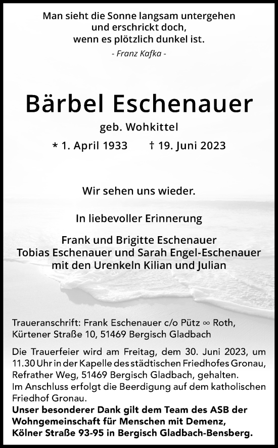 Anzeige von Bärbel Eschenauer von Kölner Stadt-Anzeiger / Kölnische Rundschau / Express