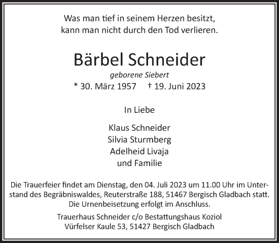 Anzeige von Bärbel Schneider von  Bergisches Handelsblatt 