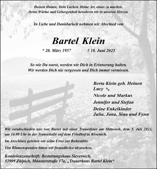 Anzeige von Bartel Klein von  Blickpunkt Euskirchen 