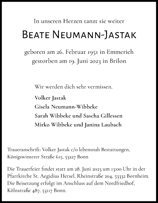 Anzeige von Beate Neumann-Jastak von Kölner Stadt-Anzeiger / Kölnische Rundschau / Express