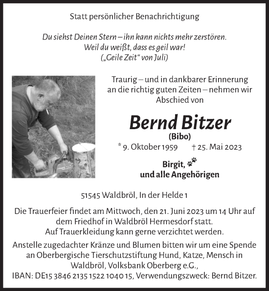 Anzeige von Bernd Bitzer von  Lokalanzeiger 