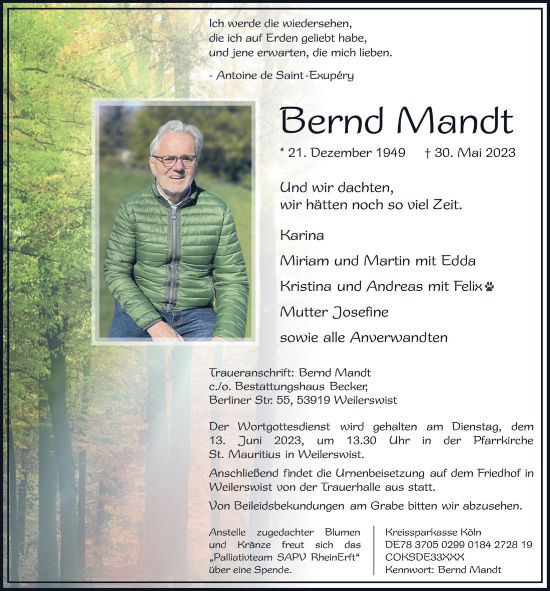 Anzeige von Bernd Mandt von  Blickpunkt Euskirchen 