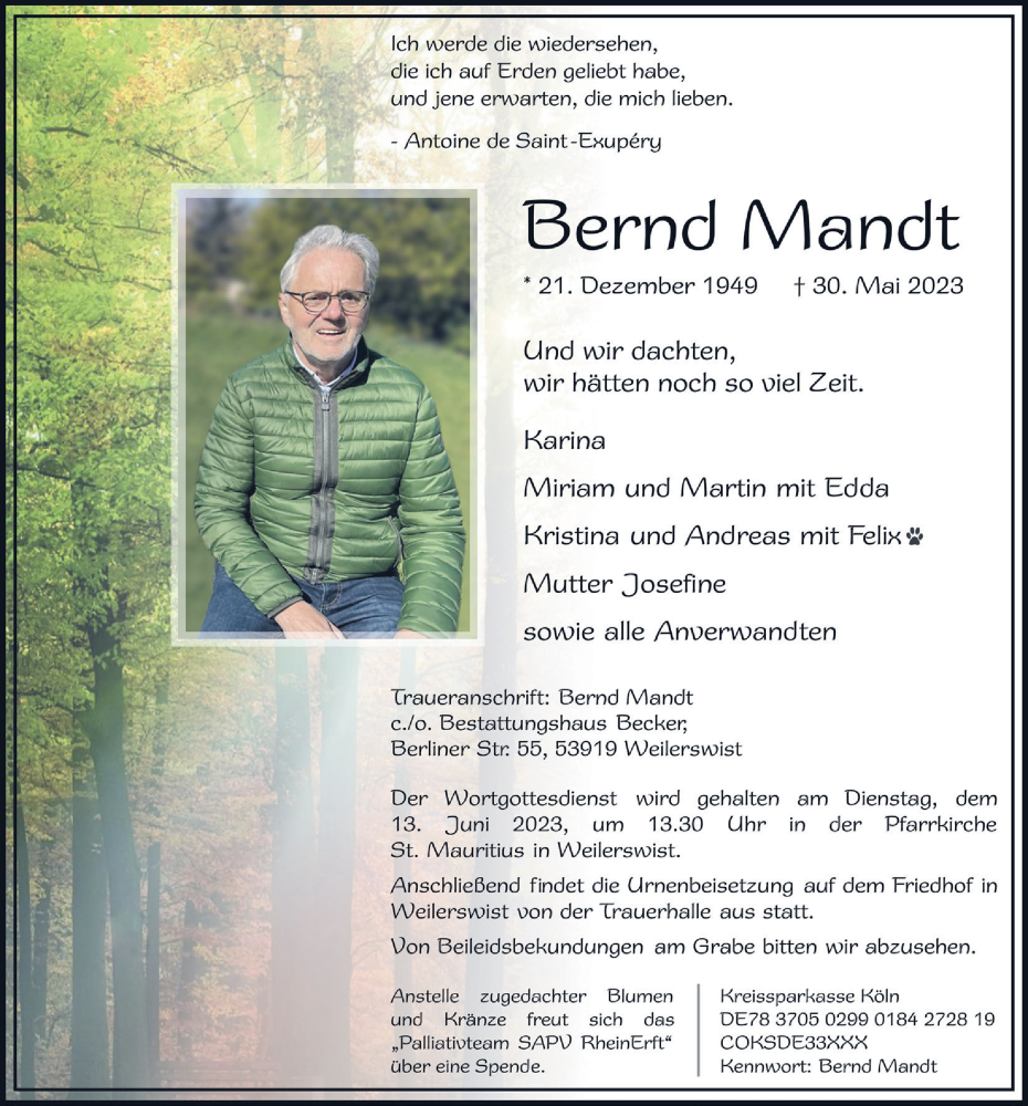  Traueranzeige für Bernd Mandt vom 03.06.2023 aus  Blickpunkt Euskirchen 