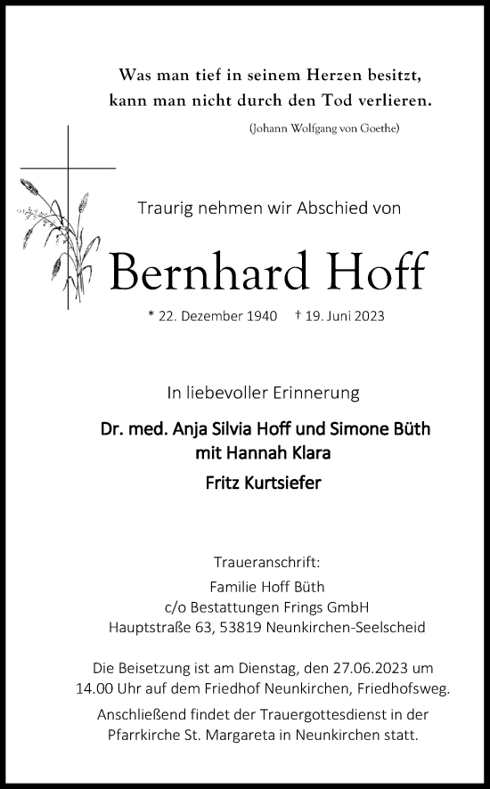 Anzeige von Bernhard Hoff von Kölner Stadt-Anzeiger / Kölnische Rundschau / Express