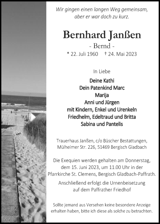 Anzeige von Bernhard Janßen von Kölner Stadt-Anzeiger / Kölnische Rundschau / Express