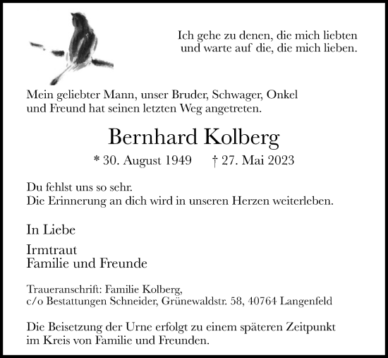 Anzeige von Bernhard Kolberg von Kölner Stadt-Anzeiger / Kölnische Rundschau / Express