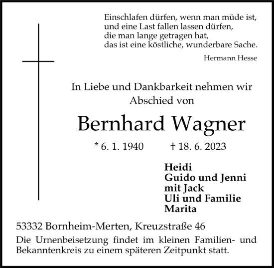 Anzeige von Bernhard Wagner von  Schlossbote/Werbekurier 