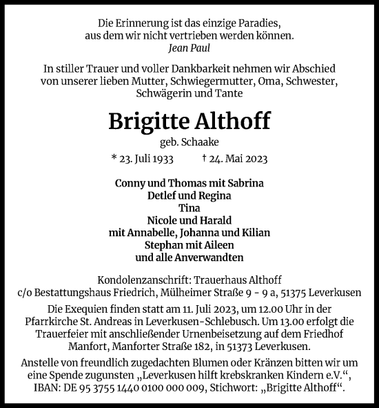 Anzeige von Brigitte Althoff von Kölner Stadt-Anzeiger / Kölnische Rundschau / Express