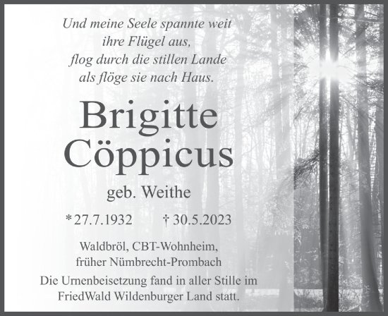 Anzeige von Brigitte Cöppicus von  Lokalanzeiger 