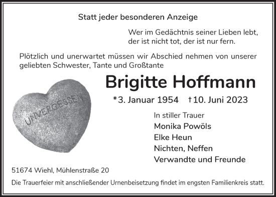 Anzeige von Brigitte Hoffmann von  Anzeigen Echo 