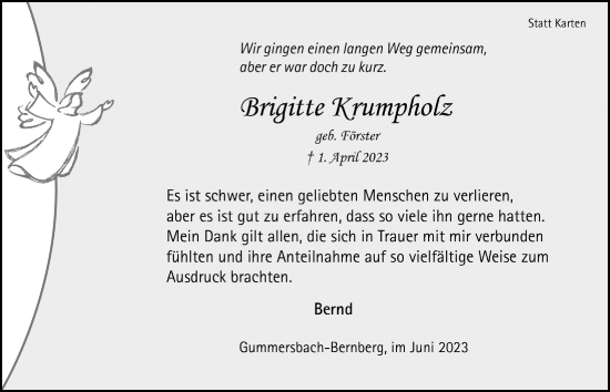 Anzeige von Brigitte Krumpholz von  Anzeigen Echo 