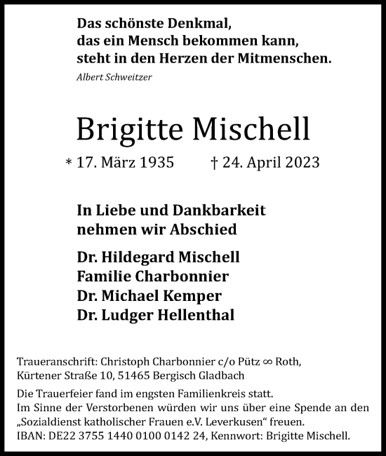Anzeige von Brigitte Mischell von Kölner Stadt-Anzeiger / Kölnische Rundschau / Express
