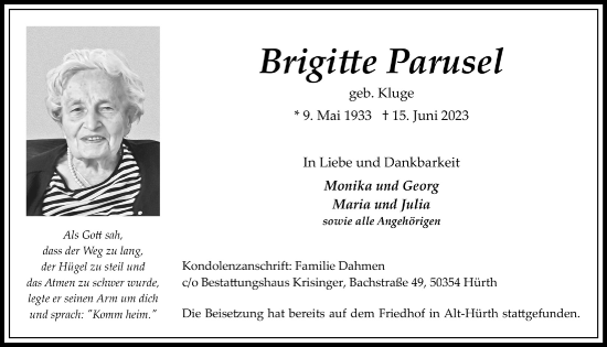 Anzeige von Brigitte Parusel von  Wochenende 