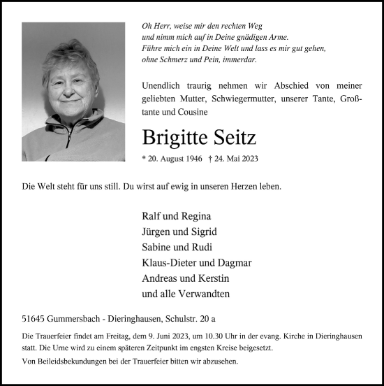Anzeige von Brigitte Seitz von  Anzeigen Echo 