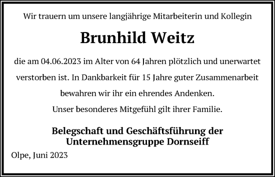Anzeige von Brunhild Weitz von Kölner Stadt-Anzeiger / Kölnische Rundschau / Express