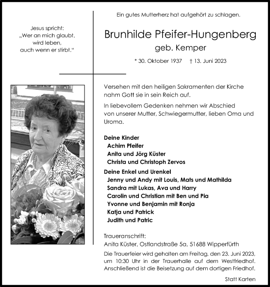 Anzeige von Brunhilde Pfeifer-Hungenberg von Kölner Stadt-Anzeiger / Kölnische Rundschau / Express